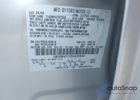 2005 Mercury Montego Premier from USA, damaged, VIN 1MEFM42115G622843